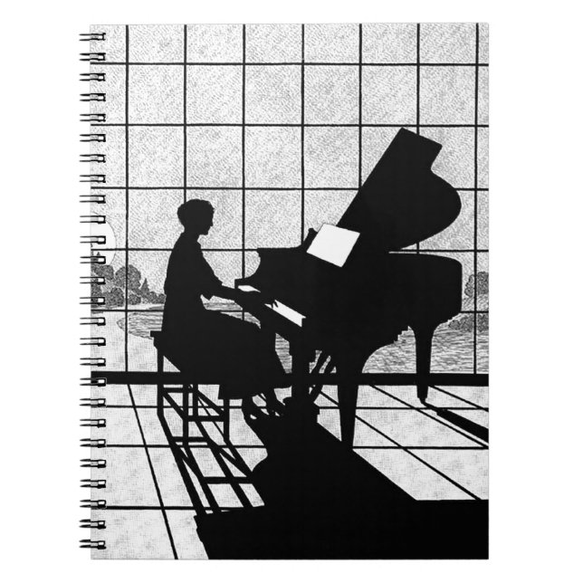 Klavier Silhouette Art Deco Stil | Schwarz und Wei Notizblock (Vorderseite)