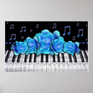 Klavier-Tastatur-blaue Rosen-kolossale Größe Poster