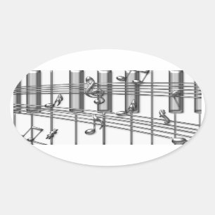 Klavier-Tastatur-Silber-Musiknoten Ovaler Aufkleber