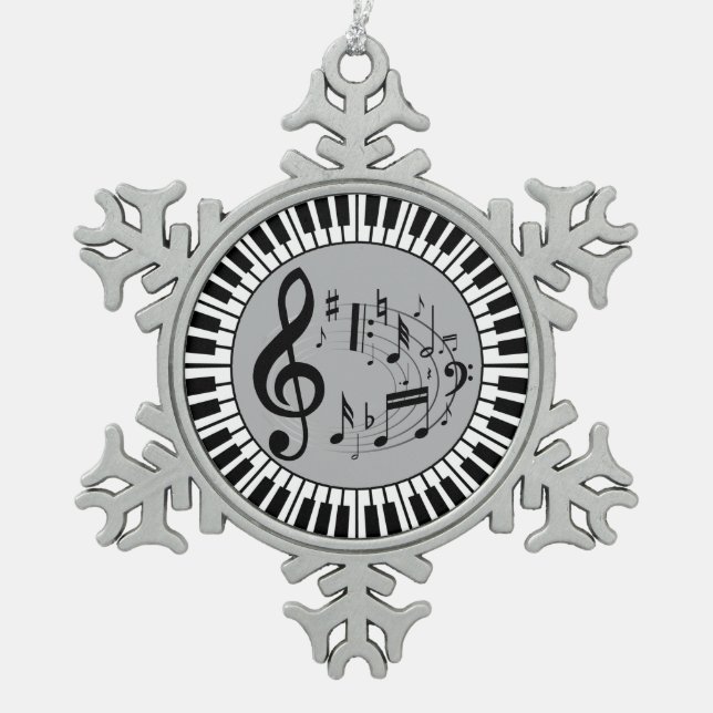 Klavierschlüssel und Musiknote Schneeflocken Zinn-Ornament (Vorderseite)
