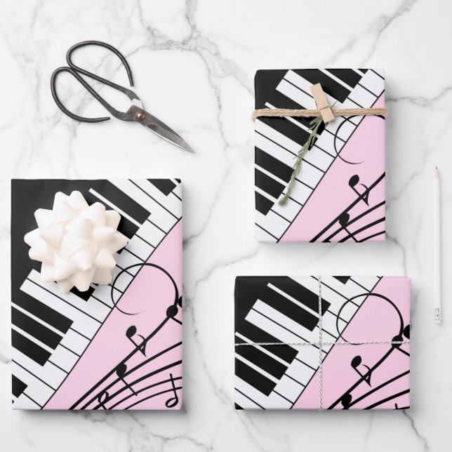 Klaviertastatur Schwarz-Weiß-Musik-Design Rosa Geschenkpapier Set (Vorderseite)