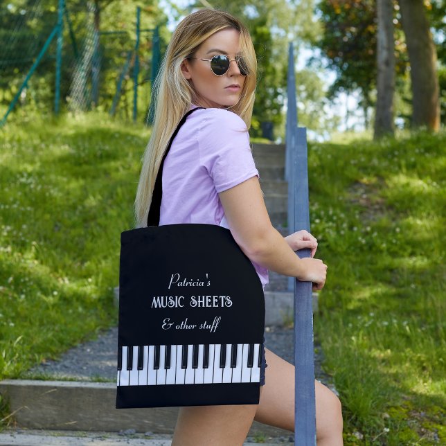Klaviertastatur und anpassbarer Text schwarz und w (Piano keyboard and customizable script back and white tote bag)