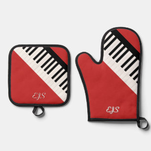 Klaviertasten Kirschrot Musik Tastatur Monogrammie Ofenhandschuh & Topflappen-Set