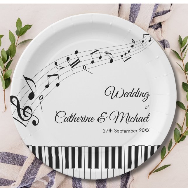 Klaviertasten musikalische Noten Schwarz-Weiß-Hoch Pappteller (Top view timeless modern symphony style with vintage music keyboard musical wedding plate)