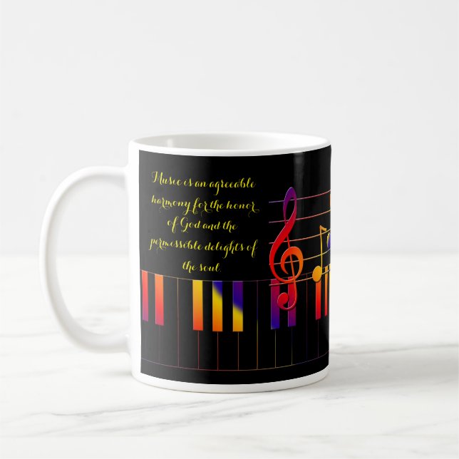 Klaviertasten, Musiknoten und Bach-Zitat Kaffeetasse (Links)