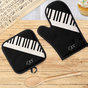 Klaviertasten Schwarz Weiß Musik Tastatur Monogram Ofenhandschuh & Topflappen-Set