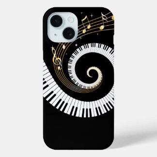 Klaviertasten und Gold-Musiknoten iPhone 15 Hülle