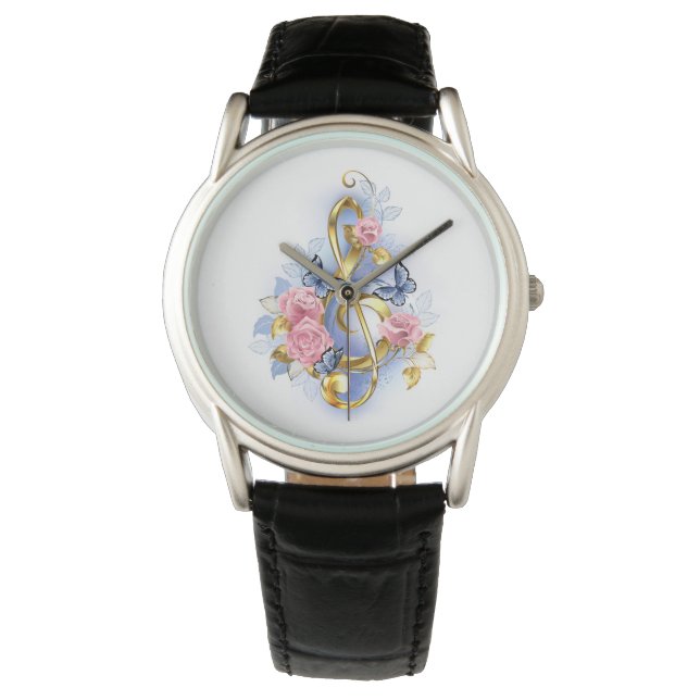 Kleber mit rosa Rosen Armbanduhr (Vorderseite)