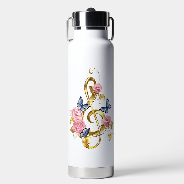 Kleber mit rosa Rosen Trinkflasche (Vorderseite)