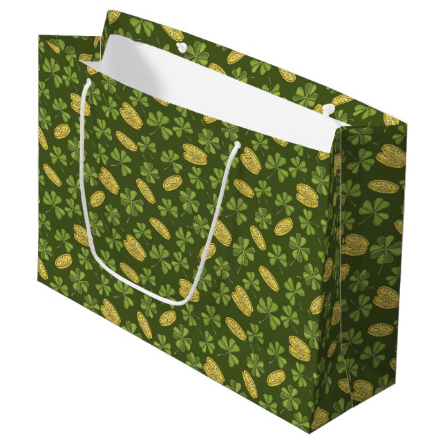 Klee-Blatt-u. Goldmünze-Muster Große Geschenktüte (Vorderseite Schrägansicht)