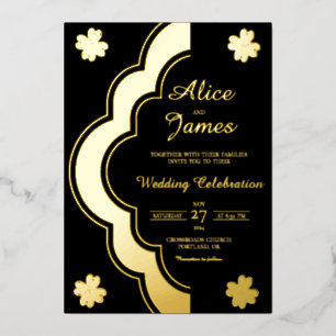 Klee-Bogen-Tor Elegant Schwarz-Goldfolie-Hochzeit Folieneinladung
