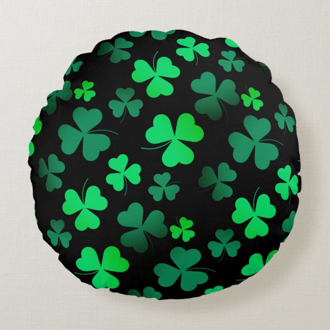 Kleeblatt Clover Ireland Irish Modern Green & Blac Rundes Kissen (Vorderseite)