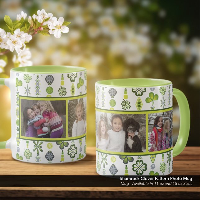 Kleeblatt Clover Pattern Foto Tasse (Shamrock and Clover Pattern Mug: Personalize with Your Three (3) Favorite Photos)