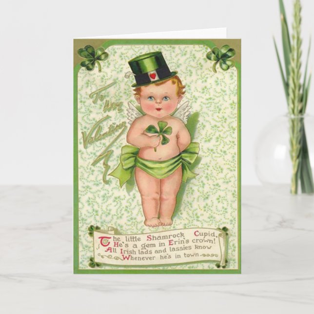 Kleeblatt Cupid Cherub St Patrick's Day Heart Karte (Vorderseite)