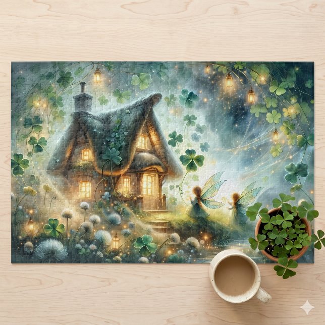 Kleeblatt-Feenglashütte-Glow Puzzle (Shamrock Fairy Cottage Glow Jigsaw Puzzle)