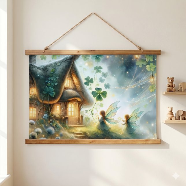 Kleeblatt-Feenglühhaus Wandteppich Mit Holzrahmen (Shamrock Fairy Cottage Glow Hanging Tapestry)