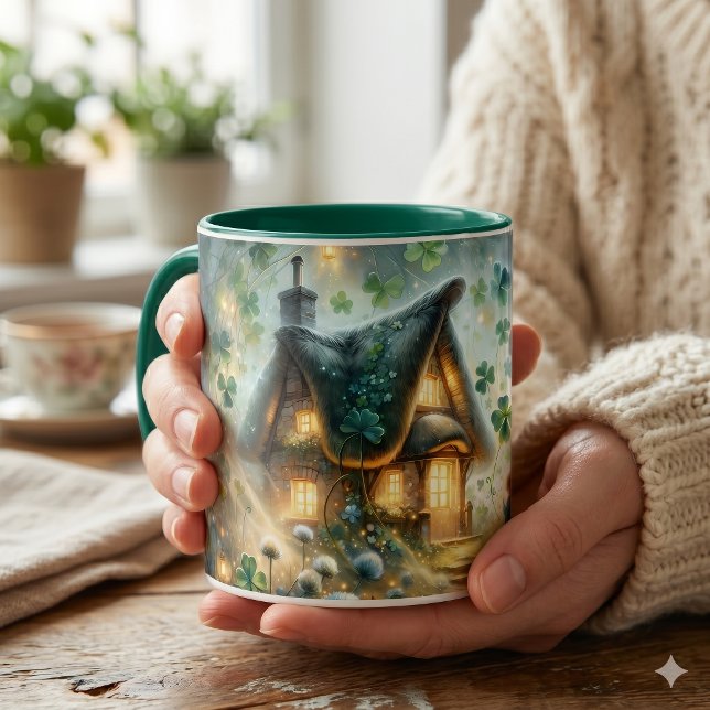 Kleeblatt-Feenglühhütte Tasse (Shamrock Fairy Cottage Glow Mug)