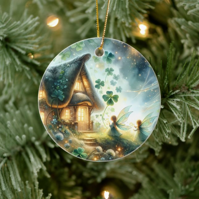 Kleeblatt-Feenhäuschen-Glanz Keramik Ornament (Baum)