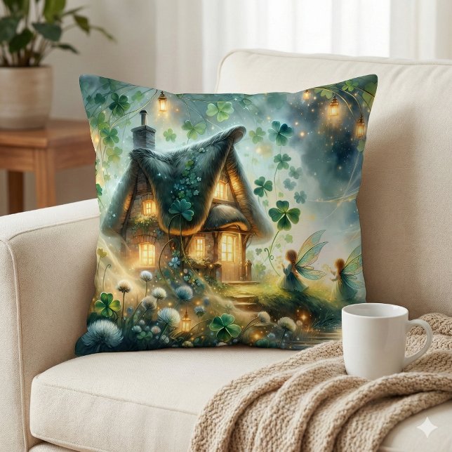 Kleeblatt-Feenhütte-Glanz Kissen (Shamrock Fairy Cottage Glow Throw Pillow Mockup A)