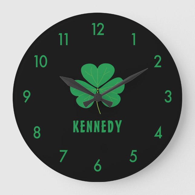 Kleeblatt Green Clover Ireland Celtic Irish Name Große Wanduhr (Vorderseite)