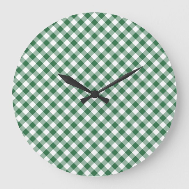 Kleeblatt Green und White Karo Gingham Wall Clock Große Wanduhr (Vorderseite)