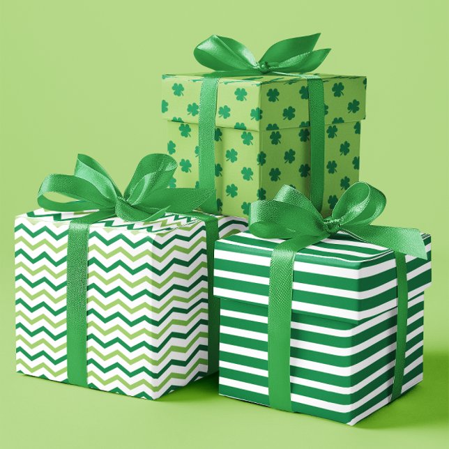 Kleeblatt grüne Linien, Zigzags &  Set von 3 Geschenkpapier Set (Playful Green Lines, Zigzags & Shamrocks set of 3 Wrapping Paper Sheets)