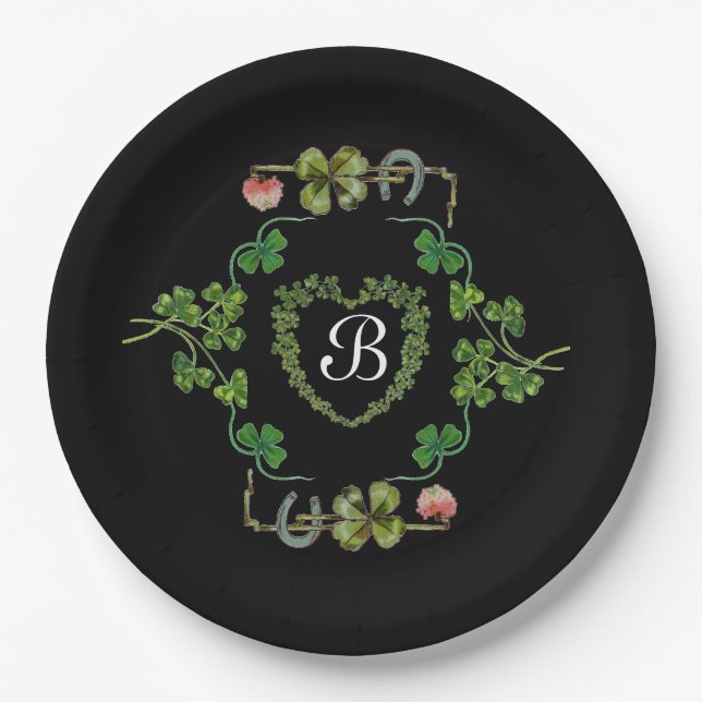 KLEEBLATT HERZ, BLUME, GRÜNES BLUMENMONOGRAMM Schw Pappteller (Vorderseite)