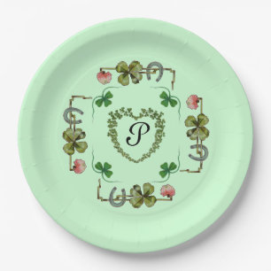 KLEEBLATT HERZ, PINK-BLUME, GRÜNES BLUMENMONOGRAMM PAPPTELLER