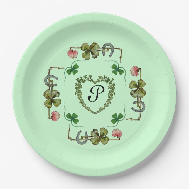 KLEEBLATT HERZ, PINK-BLUME, GRÜNES BLUMENMONOGRAMM PAPPTELLER (Vorderseite)
