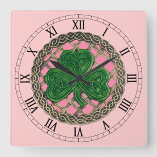 Kleeblatt & keltische Knoten römische Zahlenuhr Quadratische Wanduhr