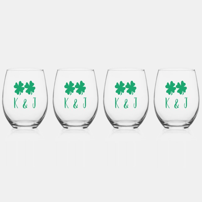 Kleeblatt Leaf Monogram St Patrick's Day Gift Set Weinglas Ohne Stiel (Vorderseite)