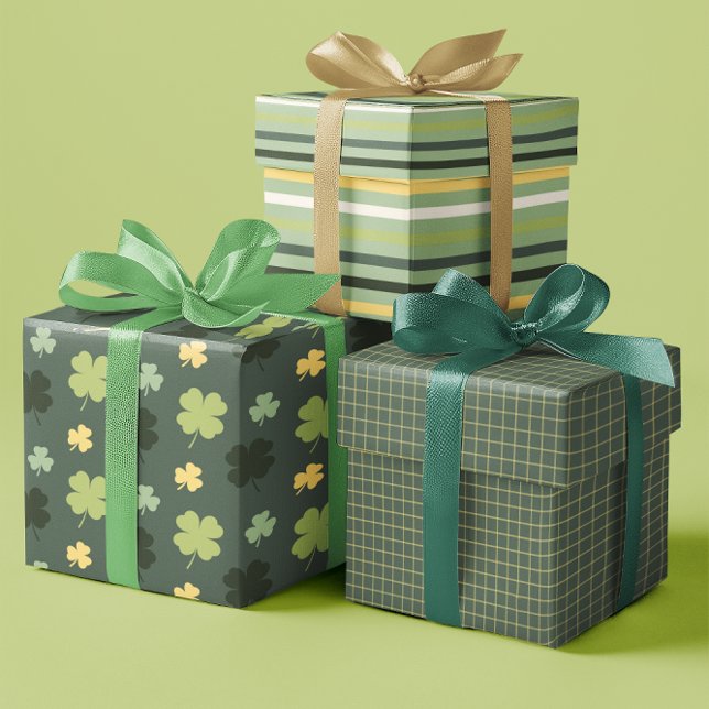 Kleeblatt & Lines Festivals Grün/Gelb Set 3 Geschenkpapier Set (Shamrock & Lines Festive Green & Yellow set of 3 Wrapping Paper Sheets)