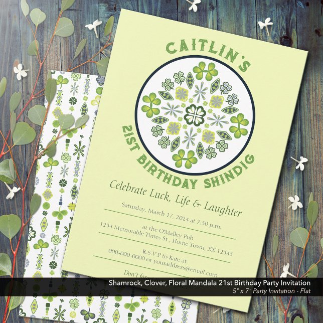 Kleeblatt Mandala 21. Geburtstag Party Einladung (Shamrock, Clover, and Floral Lucky Mandala: 21st Birthday Party Invitation)