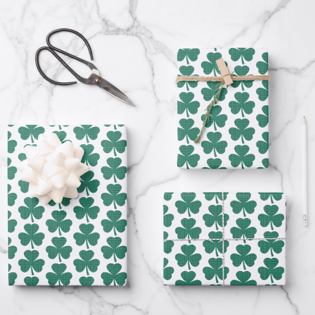 Kleeblatt-Muster-Karo Klassisches Grün Geschenkpapier Set (Vorderseite)