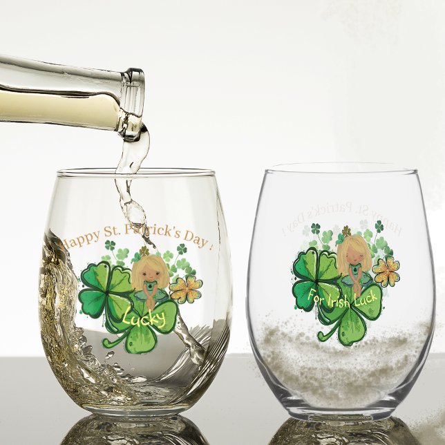 Kleeblatt ST Patrick Weinglas Ohne Stiel (Shamrock ST Patrick's Day stemless Glass with girl holding shamrock leaf, for Irish luck)