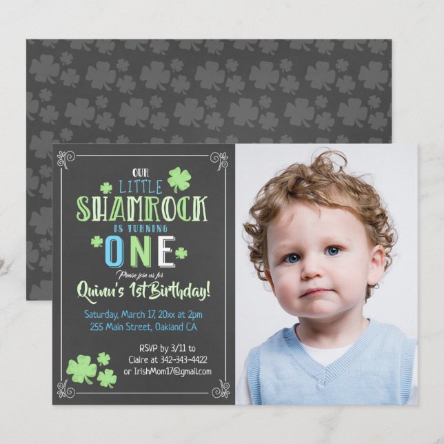 Kleeblatt St. Patrick's Day 1st Boy Birthday Einla Einladung (Vorne/Hinten)
