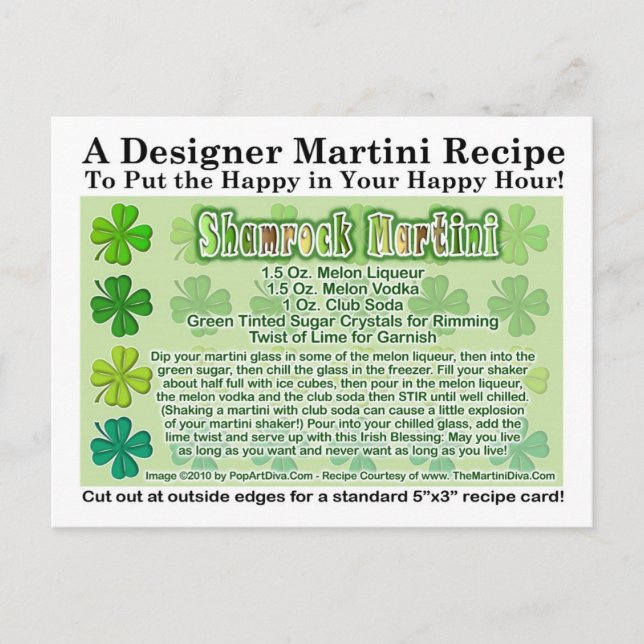 Kleeblatt St. Patrick's Day Martini Rezept Card Postkarte (Vorderseite)
