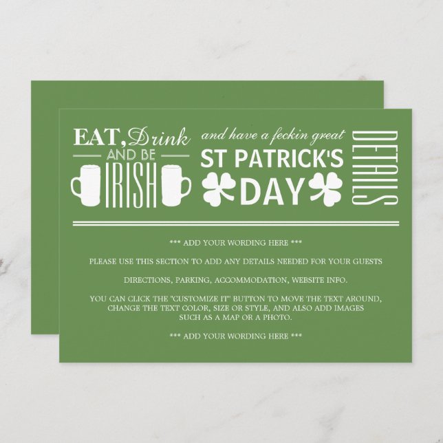 Kleeblatt und Bier Irish St Patrick's Day Detail Einladung (Vorne/Hinten)