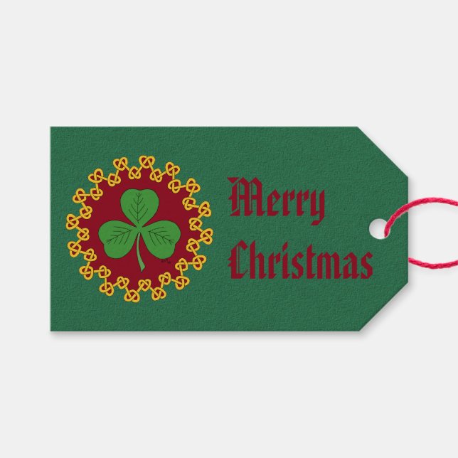 Kleeblatt und Knüpfarbeit in Rot Geschenkanhänger (Vorderseite (Horizontal))