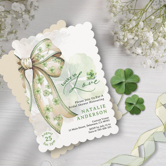 Kleeblatt Wasserfarbe Lug Liebe Brautparty Einladung (Watercolor Shamrock Bow Luck in Love Bridal Shower Invitation)