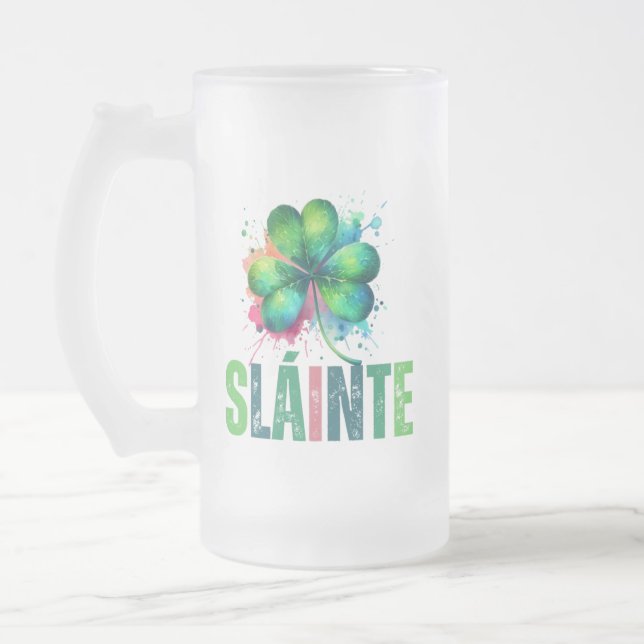 Kleeblatt Wasserfarbe - Sláinte - St Patrick Day Mattglas Bierglas (Links)