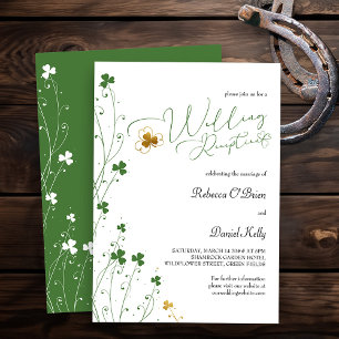 Kleeblatt-Wildblumen-Hochzeitsempfang in Grün und Einladung