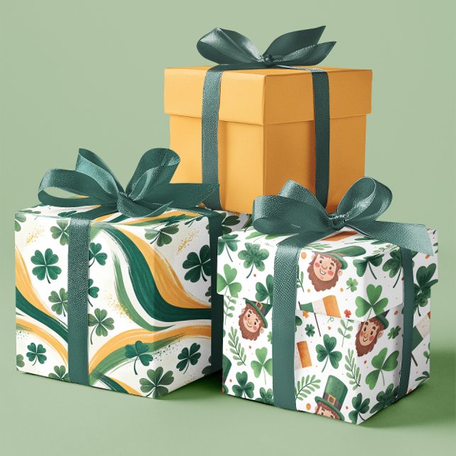 Kleeblätter und Kobolde auf Senf Geschenkpapier Set (Shamrocks & Leprechauns on Mustard Yellow Wrapping Paper Sheets)