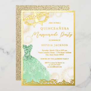 Kleid Gold Grün Maskenball Quinceanera Folieneinladung