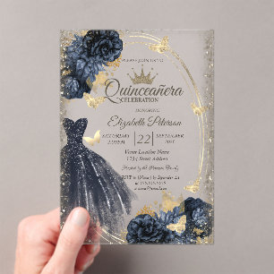 Kleid mit blauem Glitter, Rosen, Schmetterlinge Acryleinladungen