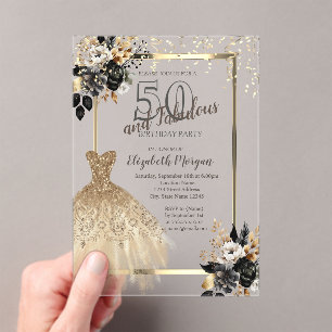 Kleid mit goldenen Pailletten schwarzen Rosen 50.  Acryleinladungen