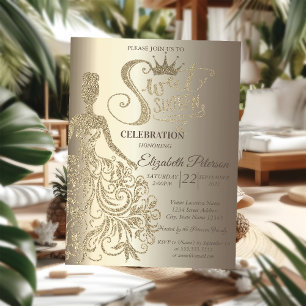 Kleid mit Goldglitter, Tiara, Diamanten Champagner Einladung