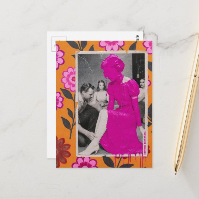 Kleid Modell Dame Collage mit verschütteter heißer Postkarte (Vorderseite/Rückseite Beispiel)