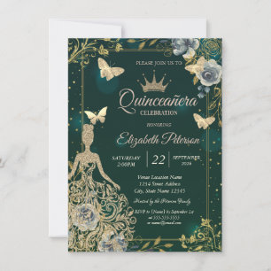 Kleid, Schmetterlinge Blumen Grüne Quinceañera Einladung