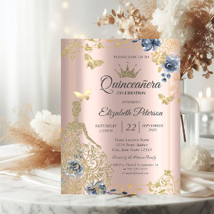 Kleid, Schmetterlinge Blumen Rose Gold Quinceañera Einladung